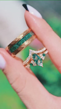 Lumiere His Her Moss Agate Ring Set, Gold Wedding Band Set, 925 Silver, Matching Nature Ring, Alternative Engagement Ring, Promise Ring Couples