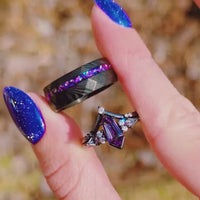 His and Her Alexandrite Galaxy Ring Set, Crab Nebula Alternative Wedding Ring Set, Couple Rings, Black Damascus Ring, Engagement Ring Set