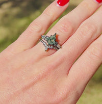 Green Moss Agate Ring Set, His and Hers Wedding Band, Black Ring Set, Matching Nature Couples Ring, Black Plated Tungsten and 925 Silver