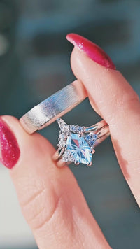 Spire Aquamarine Engagement Ring Set, His and Her Wedding Band Set, Matching Sterling Silver Rings, Unique Blue Promise Ring for Couples