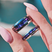 Orion Nebula Ring Set, His and Her Tungsten Wedding Band, 8mm & 4mm Silver Ring, Outer Space Couples Ring, Polish, Dome, Comfort Fit