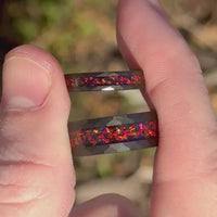 His Her Red Fire Opal Nebula Ring Set, Hammered Black Tungsten Wedding Band, Red Opal Band, 8mm & 4mm Black Rings, Couple Ring, Matte, Brush