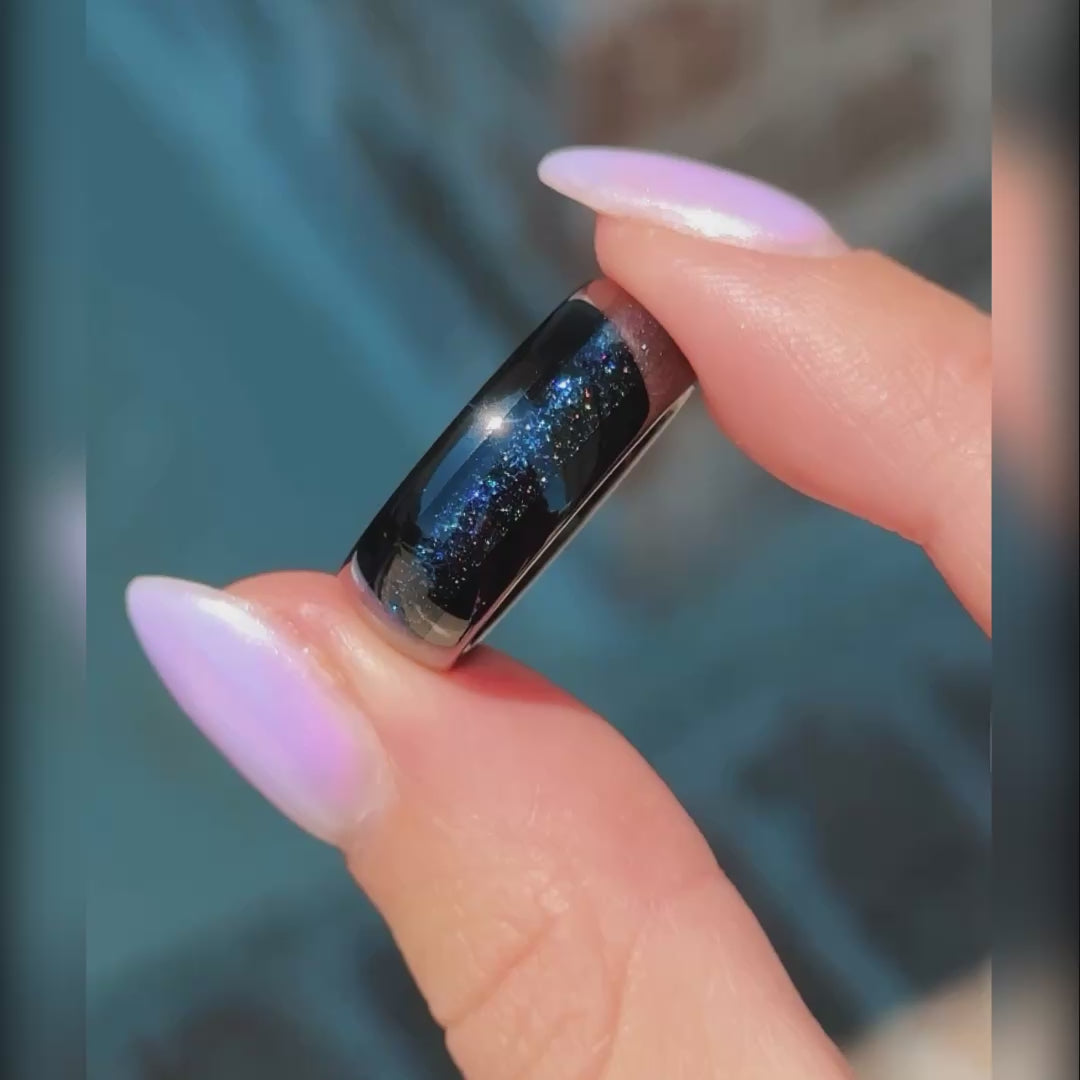Men’s tungsten wedding ring with blue nebula design