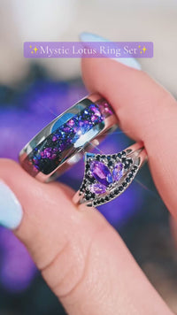 Natural Amethyst Engagement Ring Set, His and Her Unique Fantasy Wedding Ring | Matching Purple Ring for Couple, Silver Amethyst Ring Set
