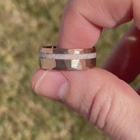 His and Hers Tungsten Wedding Band, Crushed White Fire Opal, 8mm & 4mm Rings, Rose Gold Plated Ring, Hammer, Flat, Brushed, Comfort Fit