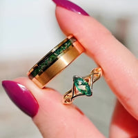 Moss Agate Couples Ring Set, Gold Engagement Rings, Nature-Inspired Matching, Alternative Promise & Anniversary Rings, 925 Silver, Tungsten