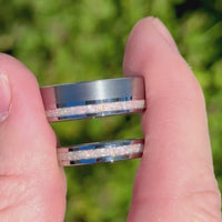 His and Hers White Fire Opal Ring Set, Silver Tungsten Wedding Band, Crushed Opal Ring, 8mm & 4mm Matching Rings, Couples Ring, Engraving