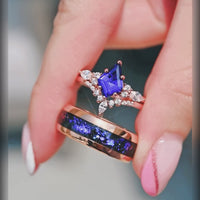 Orion Nebula Ring Set Rose Gold, His and Hers Wedding Bands, Blue Nebula Ring, Sapphire, Matching Couples Ring, Engagement Ring Set, Engrave