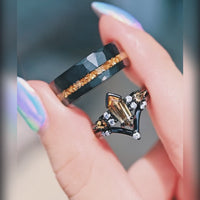 His and Her Citrine Wedding Ring Set Kite Coffin, Alternative Engagement Ring Set, Black Ring, Couples Matching Promise Ring, Engraving