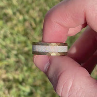 His and Hers Tungsten Wedding Band, Crushed White Fire Opal, 8mm & 4mm Rings, Yellow Gold Plated, Hammer, Flat, Brushed, Comfort Fit