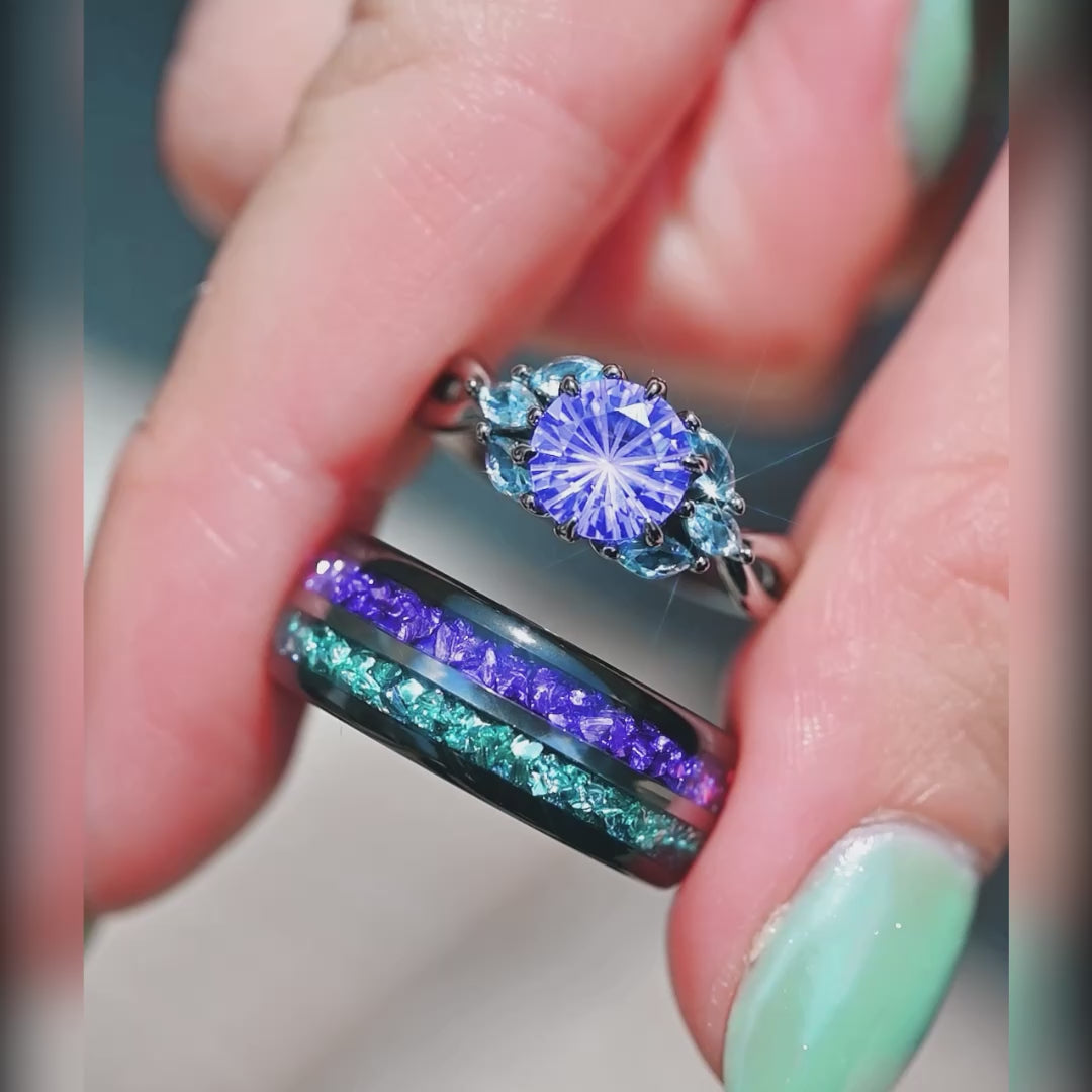 Amethyst and aquamarine men’s ring black tungsten wedding band