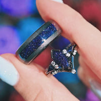 Rift Nebula Ring Set, His Her Starry Night Wedding Band, Personalized, Matching Couple Ring, Sandstone, Black Tungsten, 925 Silver