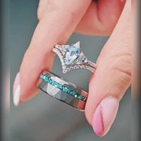 Men’s tungsten wedding band with aquamarine gemstone