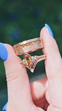 His and Hers Citrine Ring Set Rose Gold, Kite Coffin Ring, Matching Rose Gold Wedding Band, Citrine Engagement Ring Set, Ring Engraving