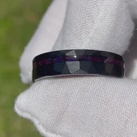 His and Hers Tungsten Wedding Band Set, Crushed Black Fire Opal, 6mm & 4mm Black Tungsten Rings, Hammer, Flat, Matte Brushed, Comfort Fit