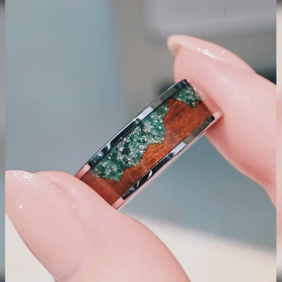 Moss Agate Mens Wedding Band | Koa Wood Mountain Silver Tungsten