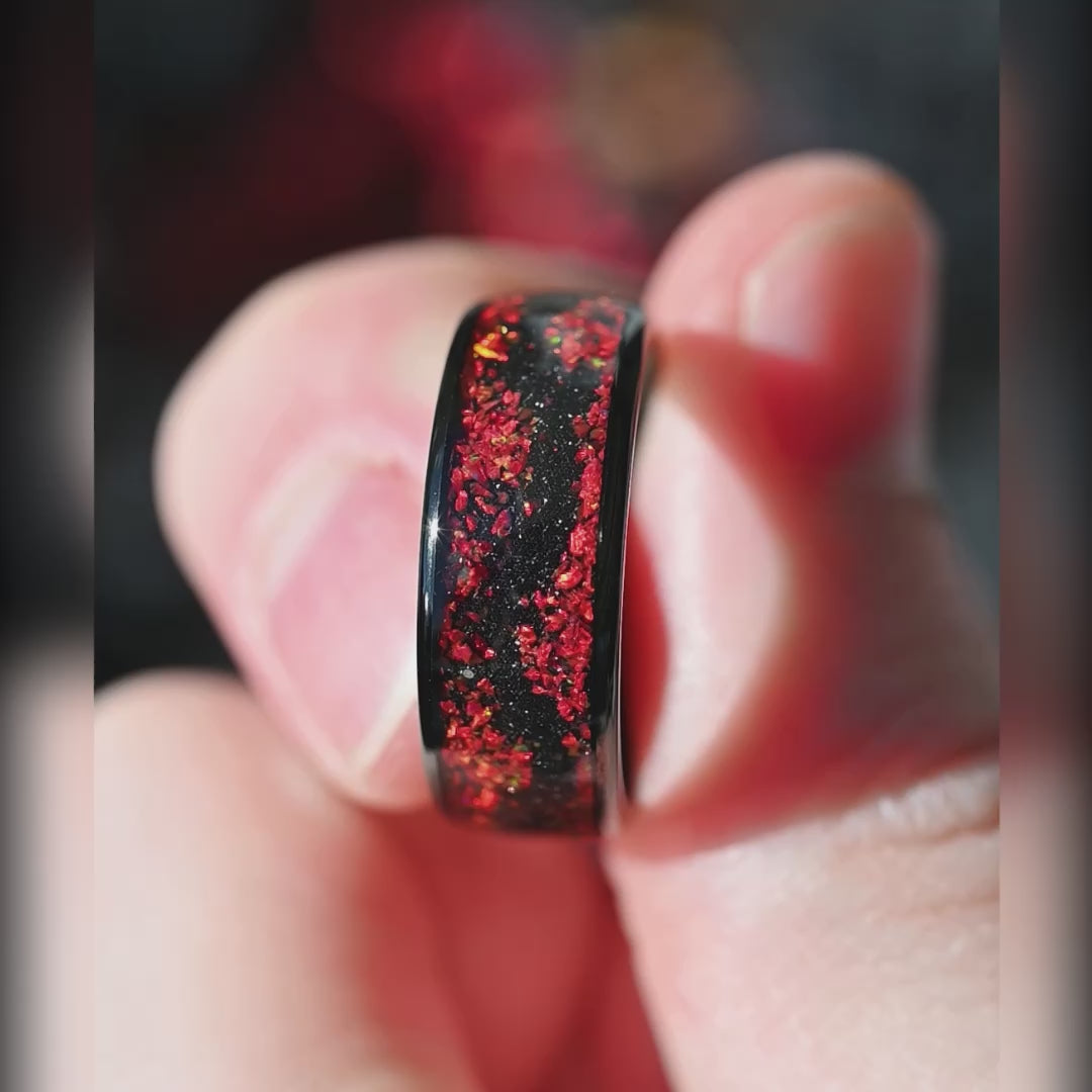 Black tungsten ring with crushed fire opal inlay for men