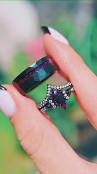 His and Hers Black Fire Opal Ring Set, Couples Wedding Ring, Matching Promise Ring, Black and Red, Hammer Black Tungsten Ring, Lumiere, 925