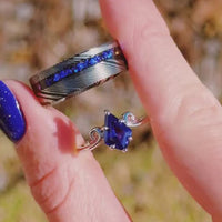 Twirl Damascus Ring Set, Orion Nebula, His and Her Wedding Band, Alternative Sapphire Ring, Space Couple Ring, Damascus Steel and 925 Silver