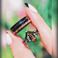 Citrine Couple Ring Set, Black & Gold Alternative Engagement Ring Set, Unique Black Band, Wedding or Promise Ring, Matching His and Her Ring