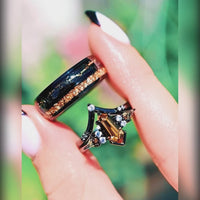 Citrine Couple Ring Set, Black & Gold Alternative Engagement Ring Set, Unique Black Band, Wedding or Promise Ring, Matching His and Her Ring