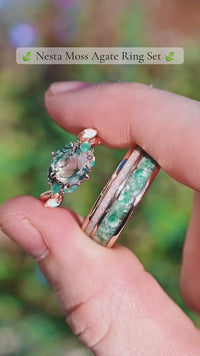 Nesta Rose Gold Moss Agate Ring Set - Unique Rose Gold Engagement & Wedding Rings, His and Her Nature-Inspired Promise Rings for Couples