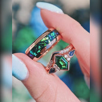 Rosette Nebula Galaxy Ring Set, Unique His and Her Ring, Engagement Ring Set, Rose Gold Tungsten, Green Tsavorite, Match Couple Wedding Ring