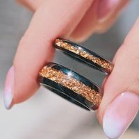 His and Hers Tungsten Wedding Band, 8mm & 4mm Black Tungsten Ring Set, Citrine Glass Stones, Dome, Polished, Comfort Fit