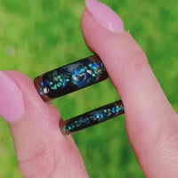 Meteorite and Blue Opal Ring Set, His and Hers Tungsten Wedding Bands, 8mm & 4mm Black Ring Set, Couples Ring, Polish, Dome, Comfort Fit