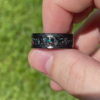Meteorite and Galaxy Opal Ring Set, His and Hers Tungsten Wedding Band, 8mm & 4mm Black Ring Set, Hammer, Couples Ring, Brush, Comfort Fit