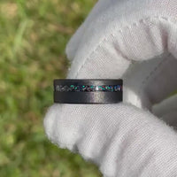 Meteorite and Galaxy Opal Ring Set, His and Hers Tungsten Wedding Bands, 8mm & 4mm Black Rings, Sandblasted, Flat, Couples Ring, Comfort Fit