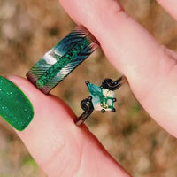 Twirl Natural Green Moss Agate Ring Set, His and Hers Wedding Band, Black Ring Set, Nature Couples Ring, Damasus Steel and Sterling Silver