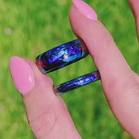 Orion Nebula Ring Set Blue, His and Her Tungsten Wedding Band, 8mm & 4mm Blue Nebula Ring, Outer Space Couples Ring, Polish, Dome, Engraving