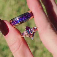 His Her Alexandrite Ring Set, Crab Nebula Ring Set, Outer Space Rose Gold Wedding Band, 925 Sterling Silver and Rose Gold Tungsten Ring Set