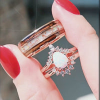 Rose Gold Opal Halo Ring & Whiskey Barrel Tungsten Band | His & Hers Set