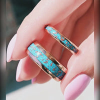 Western His & Hers Rose Gold Wedding Band Set, Matching Couple Rings, Tungsten 8mm-4mm, Dome Polished, Crushed Turquoise and Rose Gold Foil