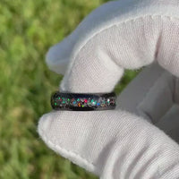 Meteorite and Galaxy Opal Ring Set, His and Hers Tungsten Wedding Bands, 6mm & 4mm Black Ring Set, Couples Ring, Polish, Dome, Comfort Fit