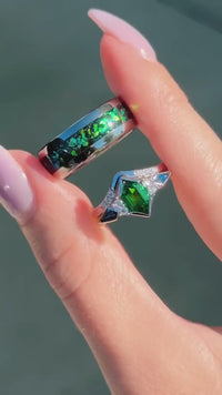 Rosette Nebula Galaxy Ring Set, Unique His and Her Ring, Engagement Ring Set, Silver Tungsten, Green Tsavorite, Match Couple Wedding Ring