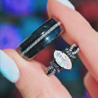 Lunara Couples Moonstone Ring Set, His and Her Wedding Ring, Unique Promise Ring, Starry Night Court, Crescent Moon, Fantasy Goth Wedding