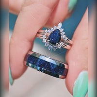 Rift Nebula Ring Set, His Her Starry Night Wedding Ring, Personalized, Space Couple Ring, Tungsten, 925 Sterling Silver, Blue Sandstone Ring
