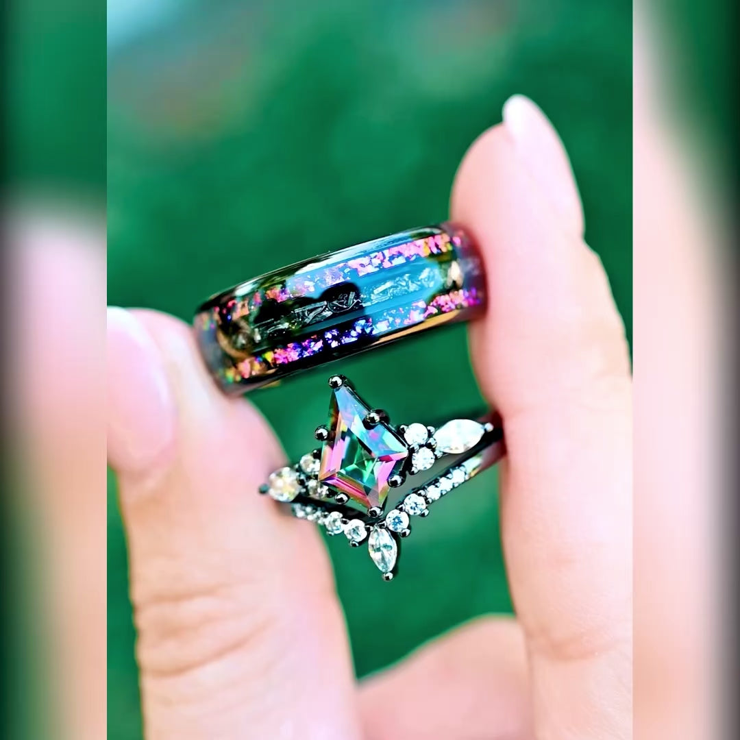 Kite cut engagement ring with meteorite couples bands