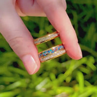 Couples Galaxy Opal Ring Set, His and Her Gold Tungsten Band, Matching Wedding Ring, Genuine Meteorite, Dome, Polish, Ring Engraving