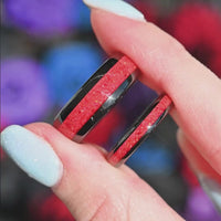 Red Fire Opal Ring Set, His and Hers Tungsten Wedding Band, Red Opal, 8mm & 4mm Black Ring Set, Couples Ring, Polish, Dome, Comfort Fit