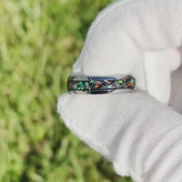 Meteorite and Galaxy Opal Ring Set, His and Hers Tungsten Wedding Bands, 6mm & 4mm Silver Ring Set, Couples Ring, Polish, Dome, Comfort Fit
