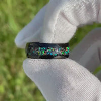 Meteorite Opal Ring Set, His and Her Wedding Band, Authentic Meteorite Ring Set, Black Tungsten, Promise Ring for Couple, Galaxy Ring Set