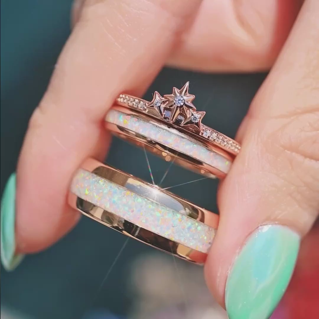 Starburst White Fire Opal Couples Ring Set | Rose Gold Bands