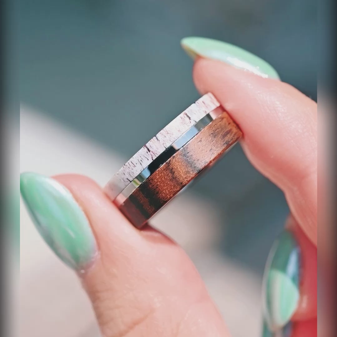 Nature-inspired men’s engagement ring with wood and antler inlay