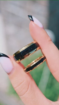 Gold Onyx Wedding Band Set, Couples Black Onyx Wedding Ring, 8mm & 4mm Gold Plated Ring Set, Polish, Dome, Comfort Fit