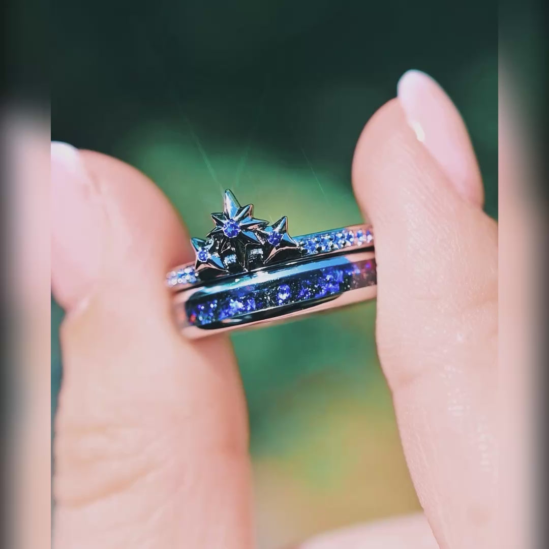 Cosmic nebula stacking wedding ring set