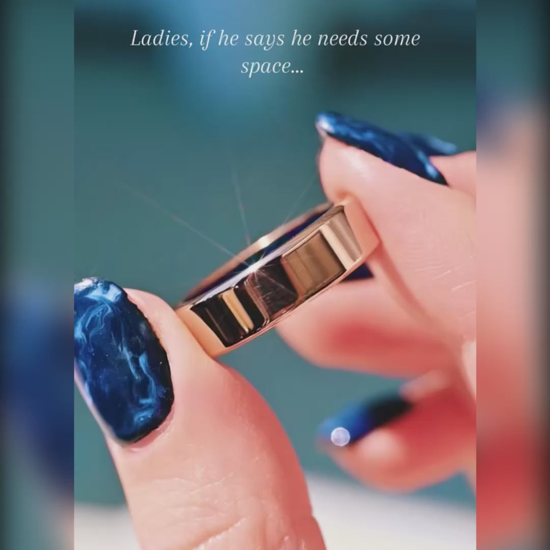 Men’s flat promise ring with blue opal inside inlay